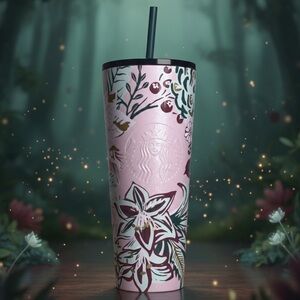 RARE Starbucks 2022 Holiday Pink Enchanted Forest Stainless Steel Tumbler 24 Oz